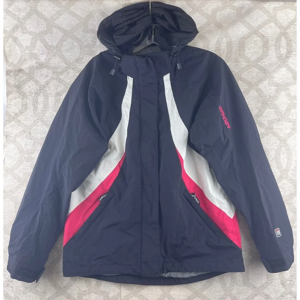 Spyder Kids XT 5000 Ski Jacket Navy Blue Pink White Hooded Winter‎ Coat Size 14